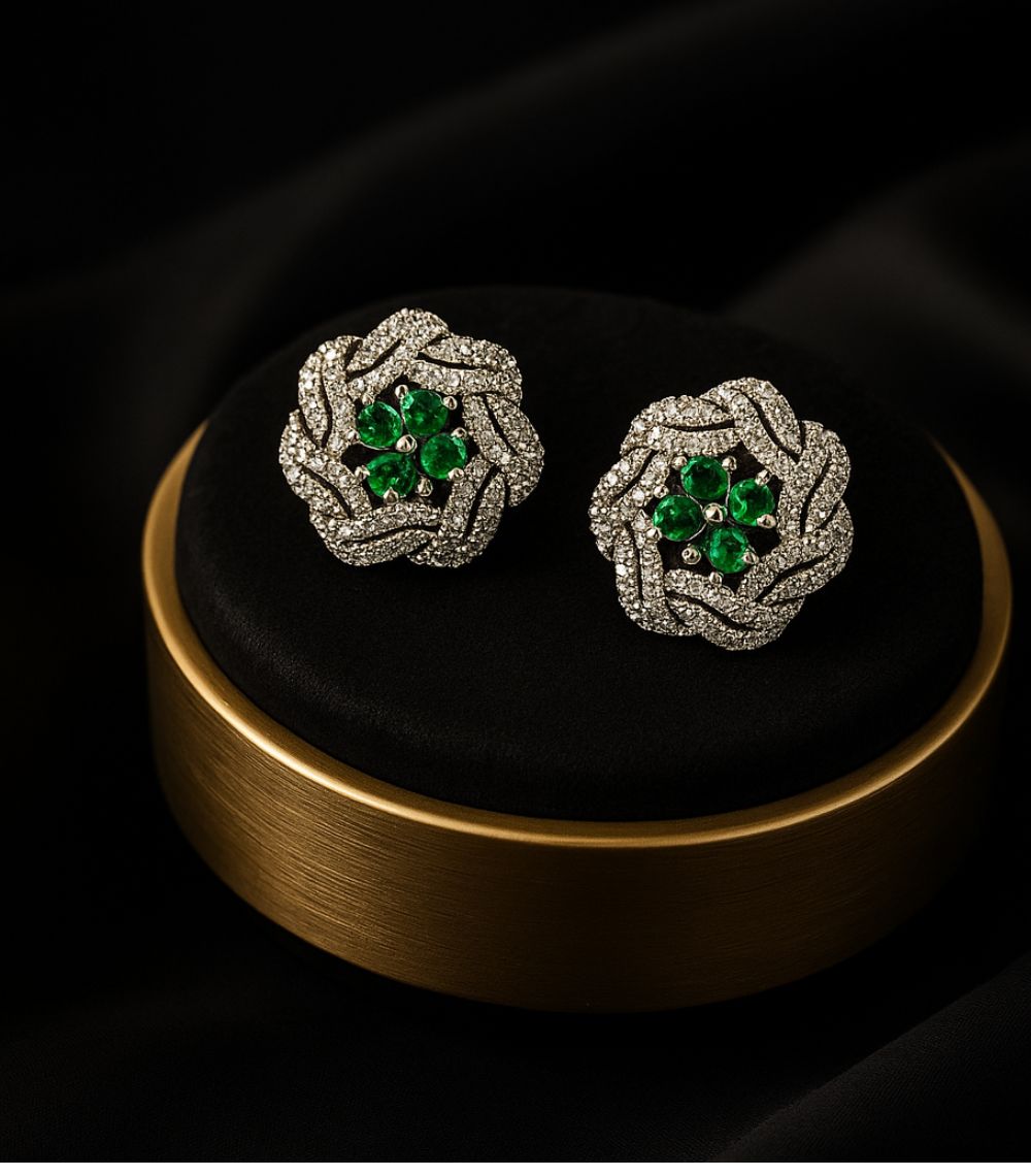 Emerald Bloom AD Tops – Green Floral Stone Studs